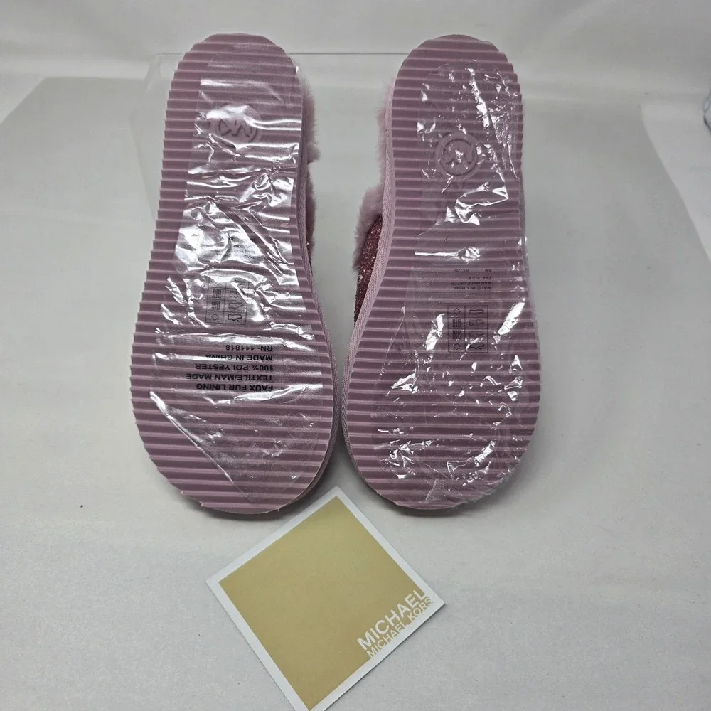 Michael Kors Janis Slipper Women 6 Royal Pink New Glitter Faux Fur 40F2JAFA2D